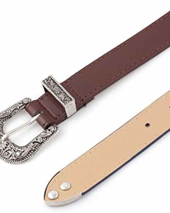 Western-Leather-Belts-Women Vintage Waist-Belts with Hollow Out Flower Buckle