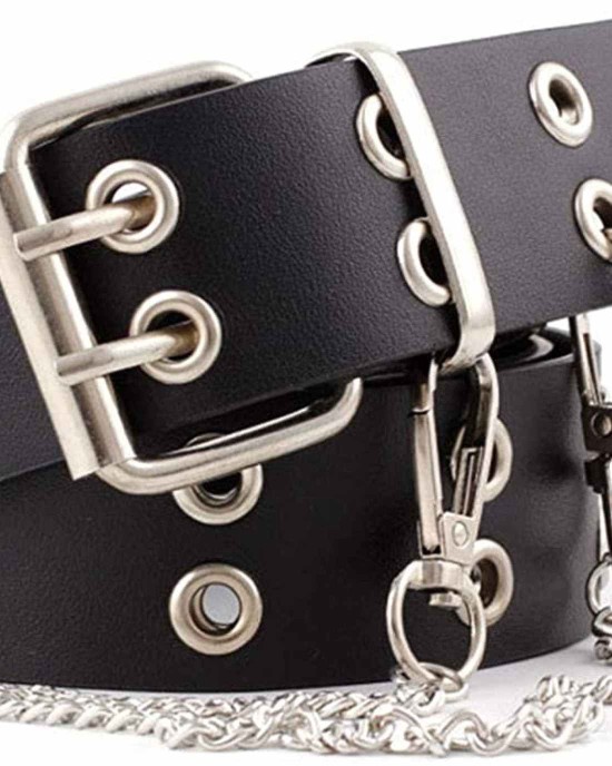 Double-Grommet-Belt Leather Punk-Waist-Belt with Chain for Women Jeans Dresses