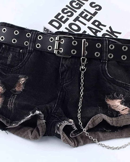 Double-Grommet-Belt Leather Punk-Waist-Belt with Chain for Women Jeans Dresses