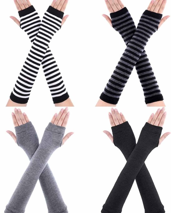 Bememo 4 Pairs Punk Gothic Long Fingerless Gloves Knitted Arm Warmer Elbow Length Gloves Thumb Hole Gloves