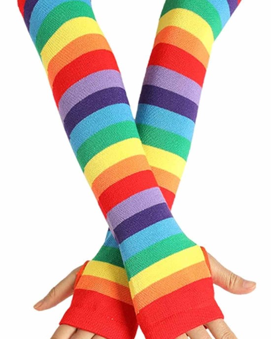 Striped Long Arm Warmer Fingerless Gloves, Knee High Socks Set, Punk Gothic Rock