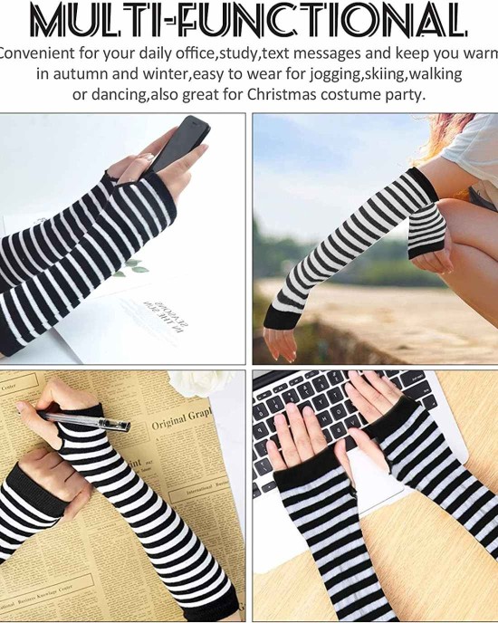 Elfcool 4 Sets Womens Long Striped Knee High Socks Knit Fingerless Arm Warmers for Halloween Christmas