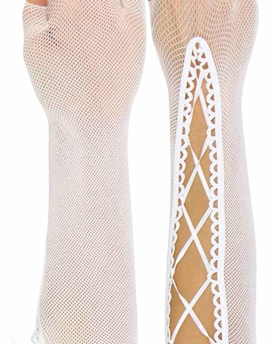 ToBeInStyle Women's Lace Up Wrist or Elbow Length Fishnet Fingerless Arm Warmer Gloves