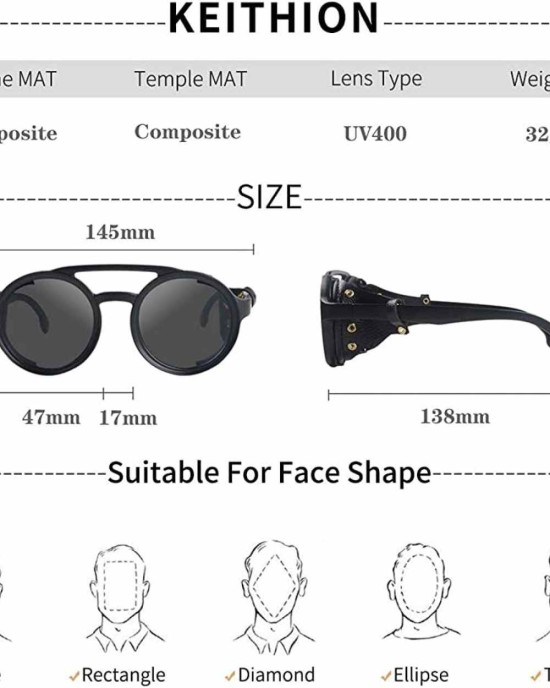 KEITHION Steampunk Style Round Vintage Sunglasses Retro Eyewear For Men Women With Leather Side Glasses